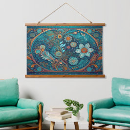 Tapiz Con Marco De Madera El arte popular azul y el muro de boho colgando
