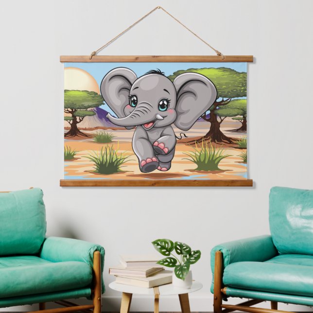 Tapiz Con Marco De Madera El bebé elefante salta feliz en la sabana africana (Sala de estar)