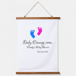 Tapiz Con Marco De Madera El bebé se acerca pronto la ducha bebé azul rosa p