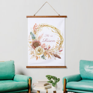 Tapiz Con Marco De Madera Él ha resucitado corona floral boho Pascua
