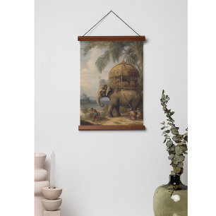 Tapiz Con Marco De Madera Elefante de escena botánica vintage con howdah tam
