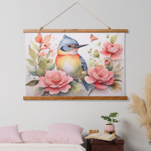 Tapiz Con Marco De Madera Elegante acuarela Bird Arte Floral Realista