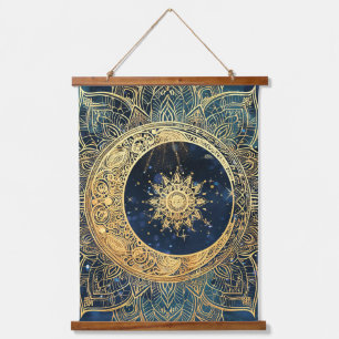 Tapiz Con Marco De Madera Elegante acuarela Blue Gold Mandala Sun Nebula