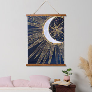 Tapiz Con Marco De Madera Elegante Blue Gold Sun Moon Mandala