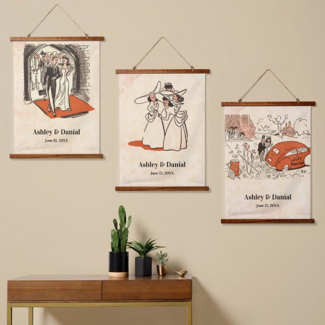 Tapiz Con Marco De Madera Elegante Boda romántico retro de mediados del sigl (Asimétrico)