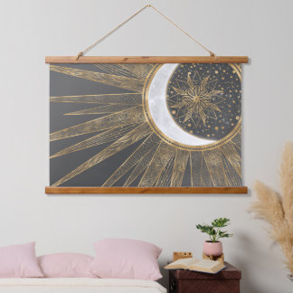Tapiz Con Marco De Madera Elegante Doodles dorados Sun Moon Mandala Diseño
