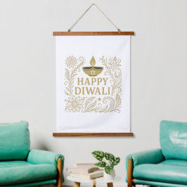 Tapiz Con Marco De Madera Elegante Feliz Diwali Oro y Tapiz de Muro Negro
