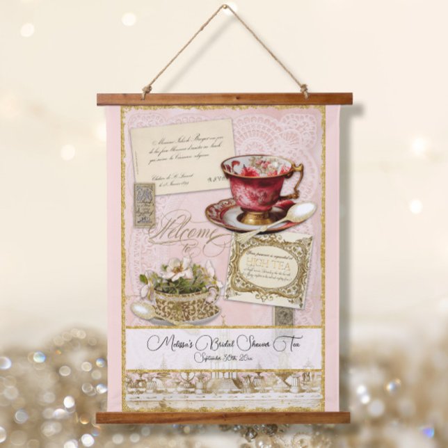 Tapiz Con Marco De Madera Elegante Fiesta de té con flores rosadas (Subido por el creador)