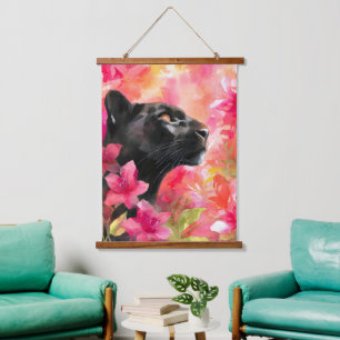 Tapiz Con Marco De Madera Elegante floreciente Floral Wild Panther Negro