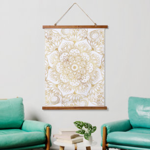 Tapiz Con Marco De Madera Elegante Mandala Floral de Oro Blanco 