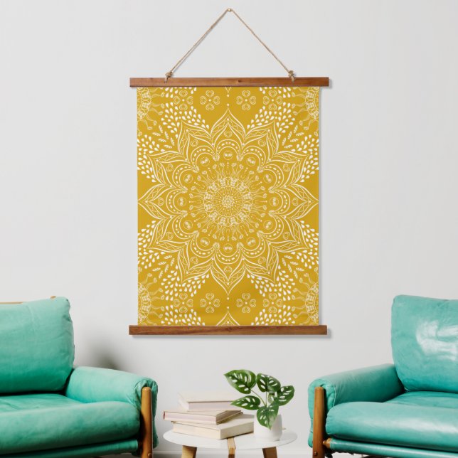 Tapiz Con Marco De Madera Elegante Mostaza Amarillo Boho Mandala (Sala de estar)