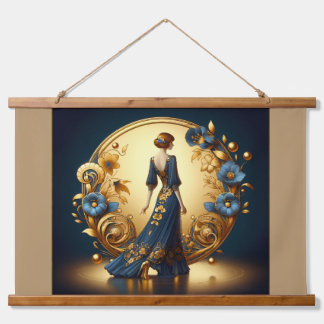 Tapiz Con Marco De Madera Elegante mujer Art Deco en oro y azul
