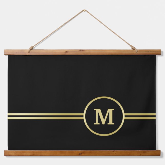 Tapiz Con Marco De Madera Elegante oro Monograma personalizado sobre negro (Anverso )