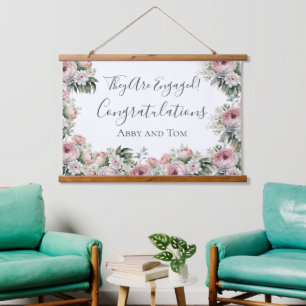 Tapiz Con Marco De Madera Elegante pancarta de compromiso floral blanca rosa