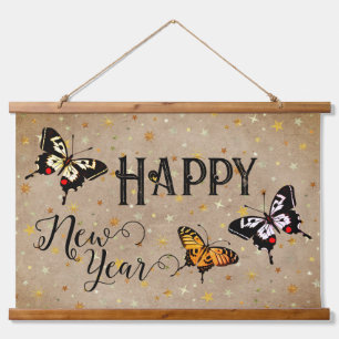 Tapiz Con Marco De Madera Elegante tipografía mariposa Stars Rustic New Year
