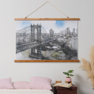 Tapiz Con Marco De Madera Elegante Watercolor Brooklyn Bridge NYC