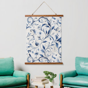 Tapiz Con Marco De Madera Elegantes hojas de paisley azul - fondo blanco (2)