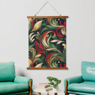 Tapiz Con Marco De Madera Elegantes hojas de paisley rojas, verdes y doradas