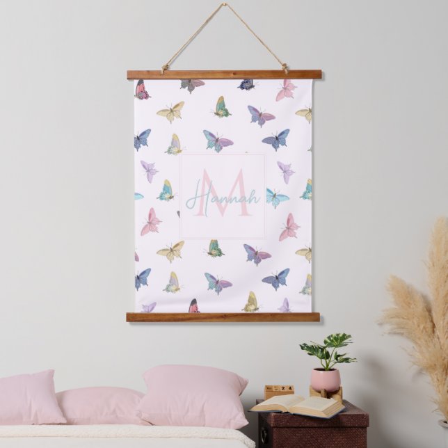 Tapiz Con Marco De Madera Elegantes mariposas acuarelas Hermoso diseño (Dormitorio)
