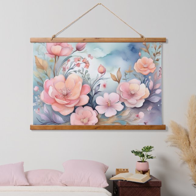 Tapiz Con Marco De Madera Elegantes mariposas florales acuáticas (Dormitorio)