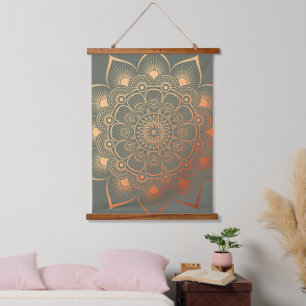 Tapiz Con Marco De Madera Encima De La Madera Boho Sage Green Peach Mandala
