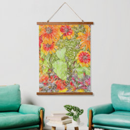 Tapiz Con Marco De Madera Énfasis azul páintero amarillo rudbeckia naranja