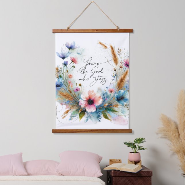 Tapiz Con Marco De Madera Eres el Dios que permanece, floral acuarela (Dormitorio)