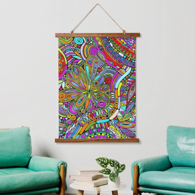 Tapiz Con Marco De Madera Esbozo de arte de fantasía - Flores abstractas 1 (Sala de estar)