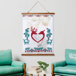 Tapiz Con Marco De Madera Escandinavia Folk Art Animales Nórdicos Reindeer W