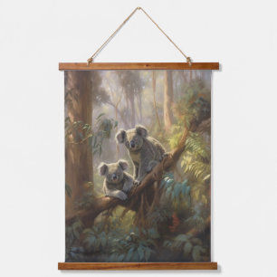 Tapiz Con Marco De Madera Escena botánica curiosa koalas en el árbol del euc