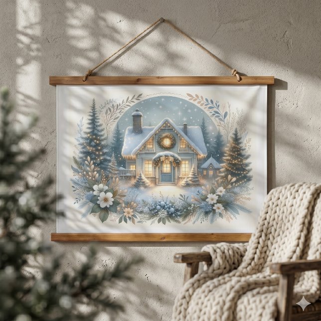 Tapiz Con Marco De Madera Escena de Resplandor de Cabaña Nevada (Snowy Cottage Glow Scene Hanging Tapestry)