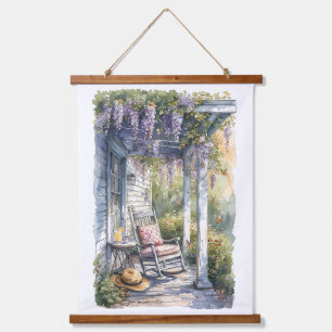 Tapiz Con Marco De Madera Escena de Silla Balanza en Pórtico de Wisteria