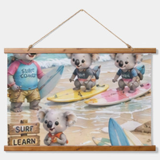 Tapiz Con Marco De Madera Escuela de Surf de Koalas Diversión en una Playa S