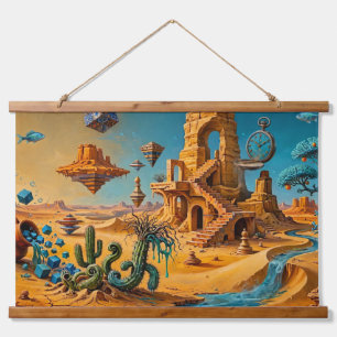 Tapiz Con Marco De Madera Espejismo del desierto Ocra Naranja Azul Turquesa