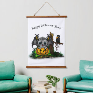 Tapiz Con Marco De Madera Esperando Halloween , Cute Bat y Raven