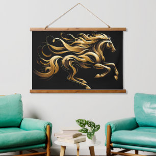 Tapiz Con Marco De Madera Espíritu Dorado – Caballo Abstracto en Movimiento