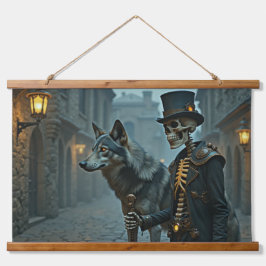 Tapiz Con Marco De Madera Esqueleto de Steampunk y lobo