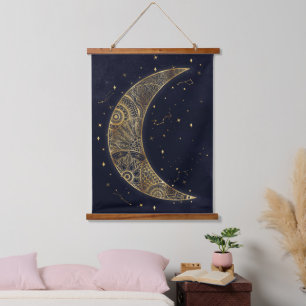 Tapiz Con Marco De Madera Estética de la luna de oro celestial