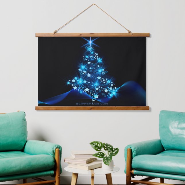 Tapiz Con Marco De Madera estilizado árbol de Navidad SlipperyJoe azul brill (Sala de estar)