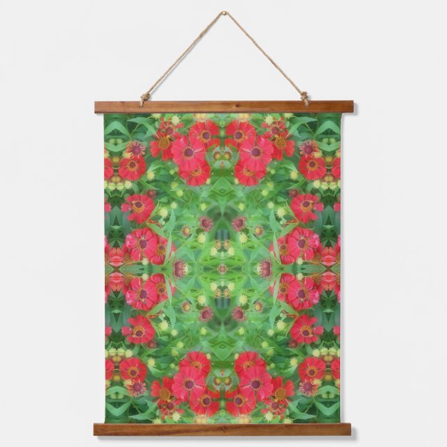Tapiz Con Marco De Madera Fading Red Zinnia Flowers Abstract Pattern   (Anverso)