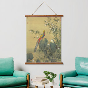 Tapiz Con Marco De Madera Faisán Dorado Vintage en el Arte del Jardín de Pri