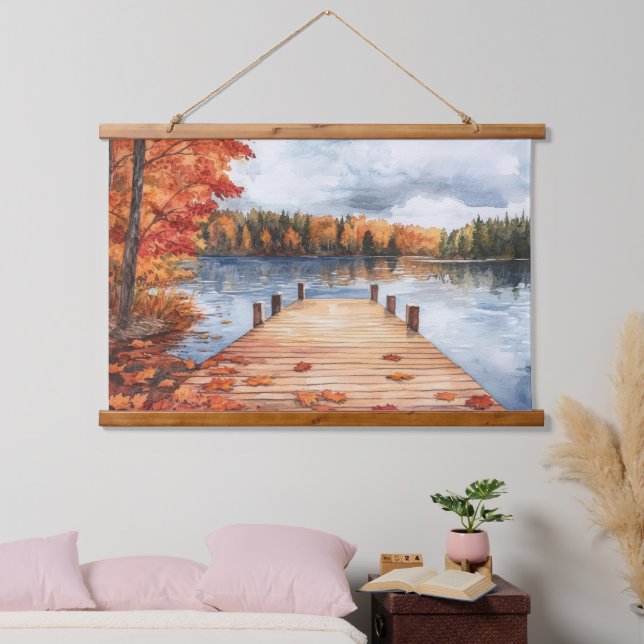 Tapiz Con Marco De Madera Fall Autumn Nature Lake Trees Landscape Painting (Dormitorio)