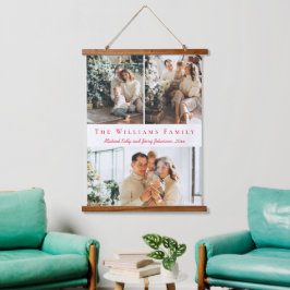 Tapiz Con Marco De Madera Familia de collages de 3 fotos de escritura roja m