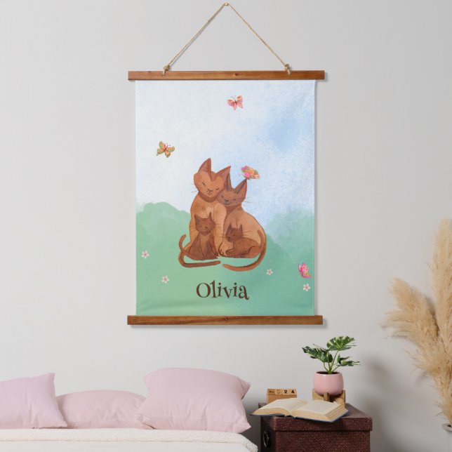 Tapiz Con Marco De Madera Familia de gatos amorosos (Dormitorio)