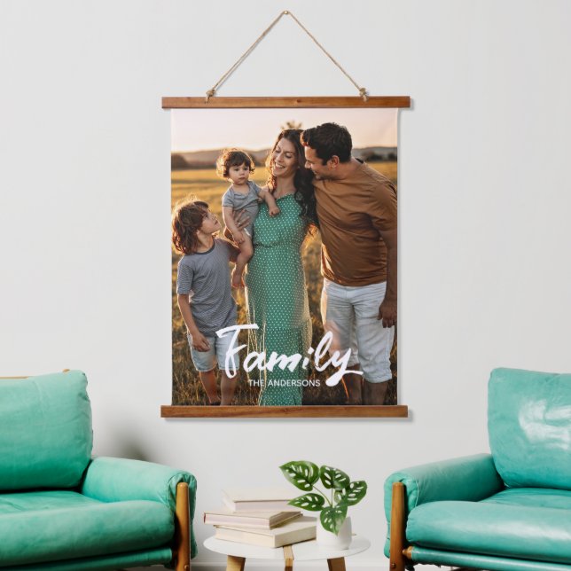 Tapiz Con Marco De Madera Family White Script Photo Overlay Monogram  (Sala de estar)