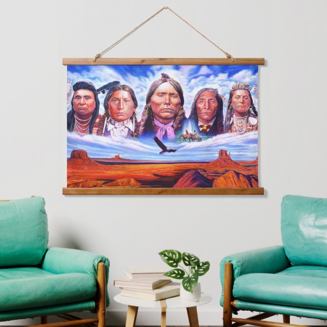 Tapiz Con Marco De Madera Famosos jefes indios pintan nativos estadounidense (Sala de estar)