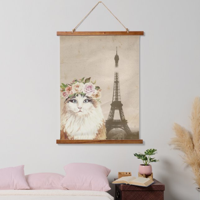 Tapiz Con Marco De Madera Fancy Cat & Eiffel Tower (Dormitorio)