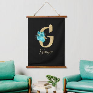 Tapiz Con Marco De Madera Fancy Gold & Aqua Floral Letra G
