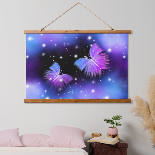 Tapiz Con Marco De Madera Fantasía Espacial Mariposas Cosmógenas (Dormitorio)