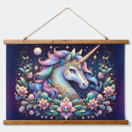 Tapiz Con Marco De Madera Fantasia Floral de Unicornio de Tonos Preciosos